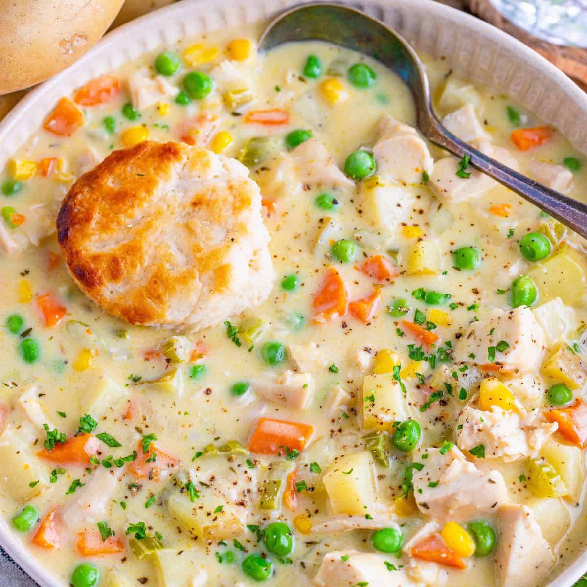 Creamy Chicken Pot Pie Soup with Savory Pie Crust Toppers